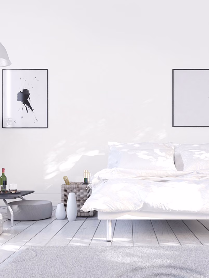 Aranżacja sypialni w odcieniu Tikkurila off-white - kolor Space