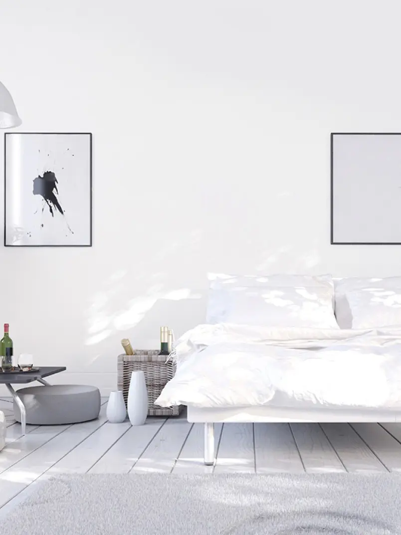 Aranżacja sypialni w odcieniu Tikkurila off-white - kolor Space