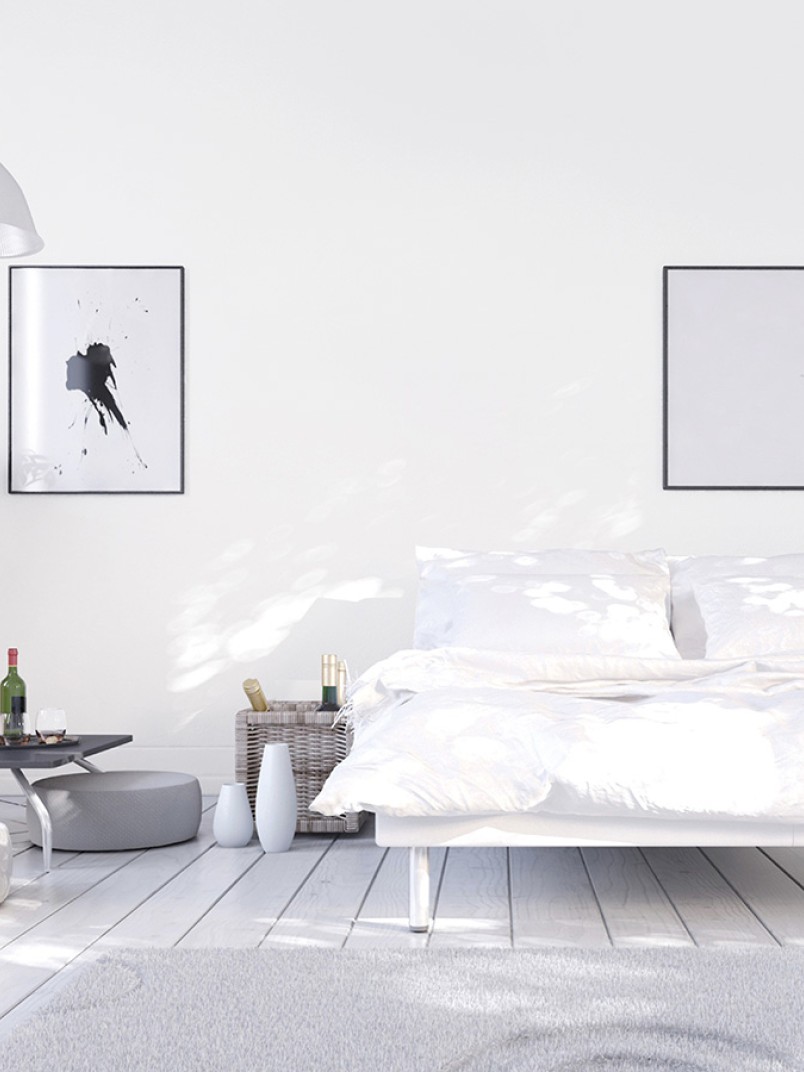 Aranżacja sypialni w odcieniu Tikkurila off-white - kolor Space