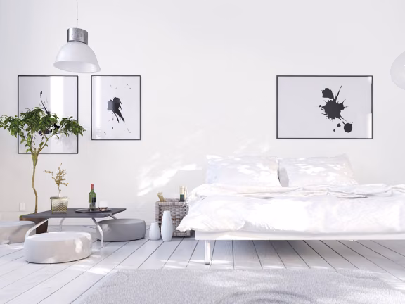 Aranżacja sypialni w odcieniu Tikkurila off-white - kolor Space