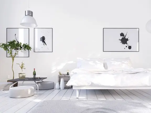 Aranżacja sypialni w odcieniu Tikkurila off-white - kolor Space