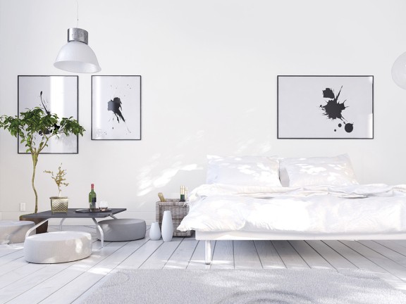 Aranżacja sypialni w odcieniu Tikkurila off-white - kolor Space