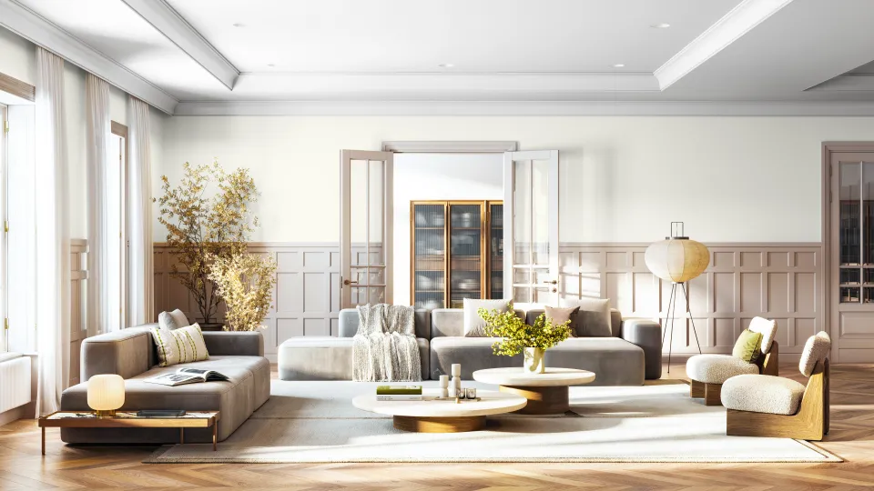 aranżacja salonu w kolorystyce off-white Bone