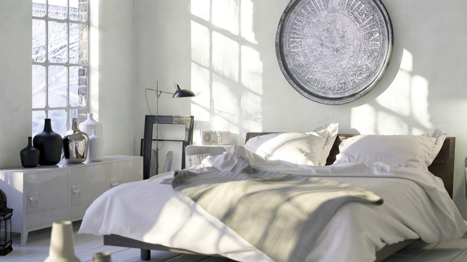 Aranżacja sypialni z wykorzystaniem farb w tonacji off-white - kolor Dove