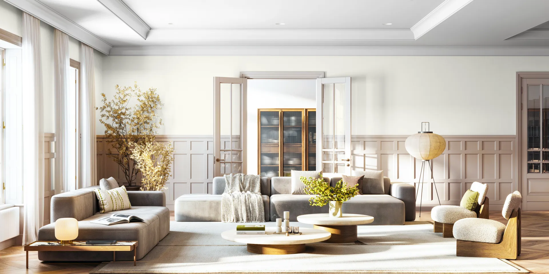 aranżacja salonu w kolorystyce off-white Bone