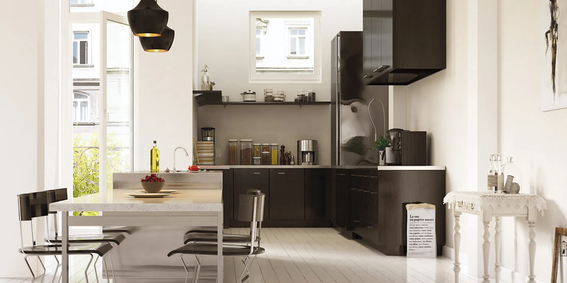 Aranżacja wnętrza w tonacji Off-white z ciemnymi meblami